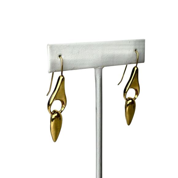Dangle Earrings Gold Tone Post Double Drop Polished Shiny Pierced Hook Artistic - Picture 5 of 7